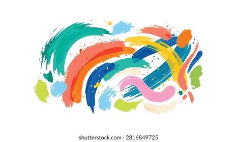 A lively composition of various colored brush strokes, splatters, and textures, forming an energetic and modern abstract design with a playful aesthetic.