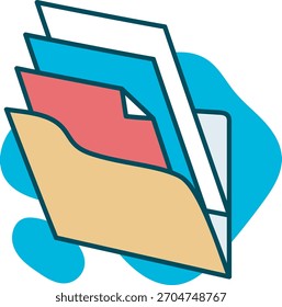 Una Ilustración vectorial animada y contemporánea de una carpeta abierta llena de varios documentos y archivos de papel, representados en un estilo amigable dibujado a mano o doodle con contornos audaces y oscuros.
