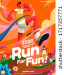 Lively cross-country running event poster in orange tone with a man crossing the finish line