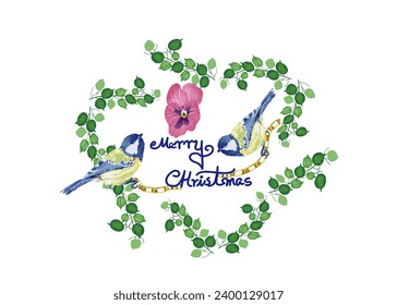 The lively and cute green-backed tits are jumping and playing in the leaves, spreading their joyful atmosphere to you and wishing you a merry Christmas.