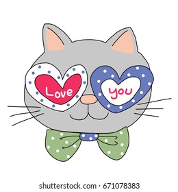 Lively and cute portrait of cat wearing polka dot bow tie and heart-shape glasses with wording "Love" and "You" on surface of each glass. Greeting card or Birthday card for animal lover.