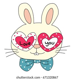 Lively and cute portrait of rabbit wearing polka dot bow tie and heart-shape glasses with wording "Love" and "You" on surface of each glass. Greeting card or Birthday card for animal lover.