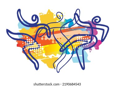 
Lively dancing people, folk dance. 
Expressive, line art stylized illustrations of three dancing people on colorful abstract background. Vector available.