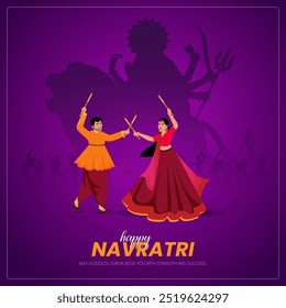  Uma performance animada de Dandiya Raas durante o Navratri com participantes dançando aos pares usando palitos coloridos
Celebração de Navratri em um banner festivo
 Pessoas em trajes tradicionais uma sombra é durga maa