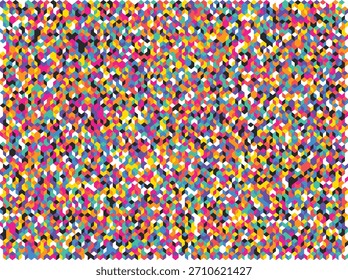 Un fondo abstracto animado y denso compuesto por un mosaico de Formas geométricas Pequeñas y multicolores. Las Formas, principalmente cuadrados y diamantes, están dispuestas en un patrón teselado, creando una textura visual vibrante y energética. Los colores incluyen rosa, amarillo, azul, púrpura, negro y blanco.