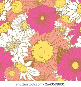 A lively and densely packed floral pattern bursting with oversized summer blooms in vibrant shades of hot pink, soft peach, sunny yellow, and crisp white. A retro 60s–70s feel.