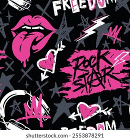 A lively design featuring pink lips hearts and stars against a black background. The artwork embodies a rebellious rock star vibe perfect for music lovers.