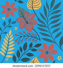A lively design featuring red flowers, green leaves, and berries on a vivid blue backdrop, showcasing nature's vibrant beauty with intricate floral and leaf details