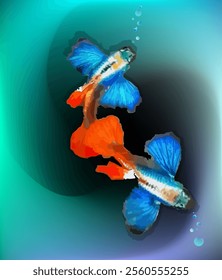 A lively and detailed illustration of a Betta fish (Siamese fighting fish), showing off its fluttering fins and bold colors in an eye-catching design, with bubbles and a blue mesh background.