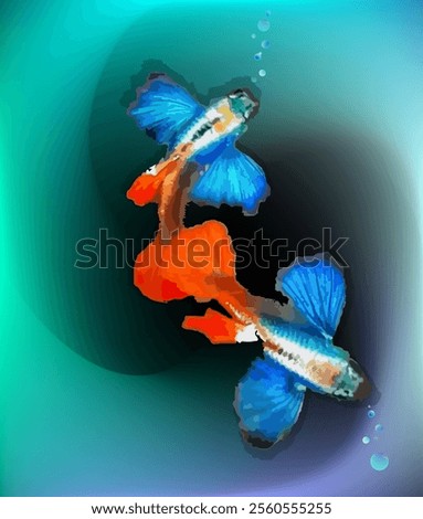 A lively and detailed illustration of a Betta fish (Siamese fighting fish), showing off its fluttering fins and bold colors in an eye-catching design, with bubbles and a blue mesh background.