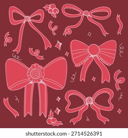 A lively digital illustration pattern, displaying various ribbons (bows) with a doodle style on a maroon background (burgundy). Contrasting pink ribbons and decorated with small sparkling elements