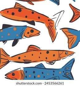 A lively digital illustration showcasing a repeating pattern of colorful salmon, depicted in a playful and abstract artistic style.
