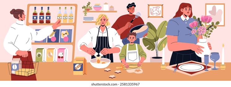 A lively dinner party scene unfolds with friends and family engaged in cooking and preparing the table. They share moments of joy, collaboration, and the anticipation of a delicious meal together