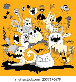 A lively doodle collection featuring quirky monsters, playful expressions, and abstract shapes in black, white, and yellow on a vibrant background