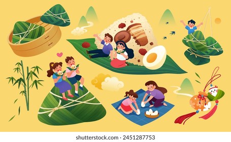 Lively Duanwu elements with delicious zongzi and miniature people isolated on yellow background.