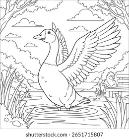 Um pato vivo bate as asas enquanto está em um lago calmo, cercado por plantas e um pássaro curioso — perfeito para as crianças amantes da natureza para colorir!