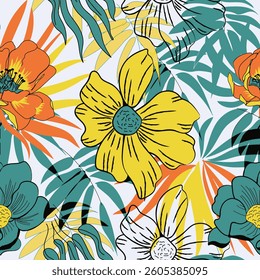  A lively and dynamic floral pattern featuring bold yellow, orange, and teal flowers intertwined with tropical leaves.