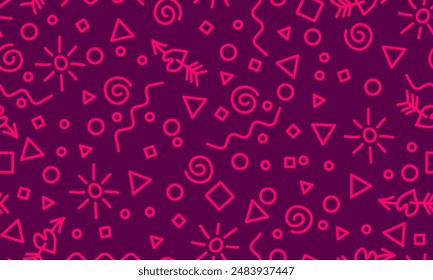 A lively and dynamic pattern featuring an array of abstract shapes such as triangles, circles, and sunbursts in a striking pink hue against a deep purple backdrop.