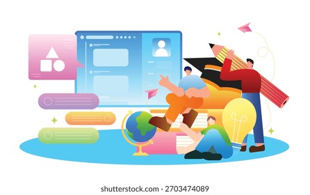 A lively education scene showcasing teamwork among students using digital resources in a collaborative learning environment.