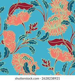 A lively and elegant seamless pattern featuring bold chrysanthemum flowers in shades of coral and peach, paired with flowing leaves in deep navy and burgundy tones