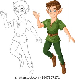 A lively elf illustration with detailed coloring and line art, showcasing playful expression and fantasy attire