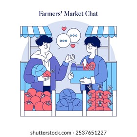 A lively and engaging conversation taking place at a local farmers market filled with fresh produce and friendly vibes