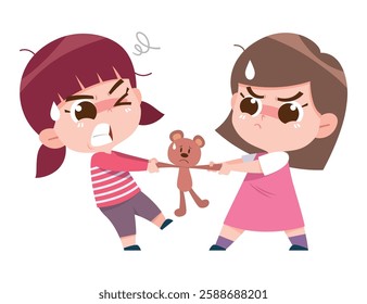 A lively and expressive digital illustration of two young girls arguing and pulling on a teddy bear, both determined to keep it. 