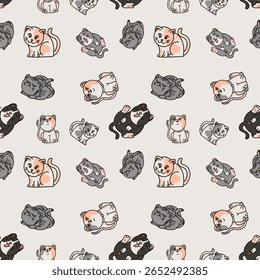 A lively and expressive vector pattern featuring a variety of charming cats in different poses and personalities. This playful design showcases feline characters with unique traits.