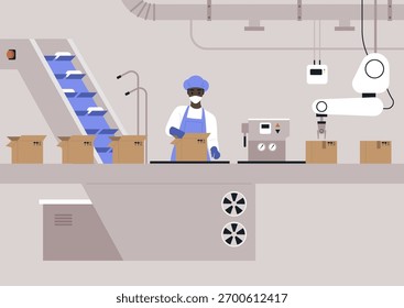 In a lively factory, workers and machines collaborate to package products efficiently, An assembly line showcases a worker sealing boxes while a robotic arm assists nearby.