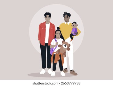 A lively family of four stands proudly together, showcasing their unique personalities, The parents, exuding warmth, enjoy a moment with their two charming kids, highlighting love and togetherness