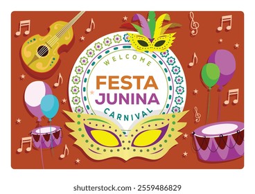 The lively Festa Junina carnival with masks, musical instruments, and balloons. Celebration of music and cultural festivals in Brazil. Carnival party concept. Flat vector illustration.