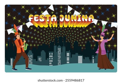 A lively Festa Junina evening celebration with musicians and dancers in colorful attire. The background features a city skyline and decorative starlights. Carnival party concept. 