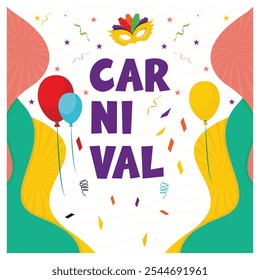 A lively festival with various entertainment. Carnival party with feather masks, balloons, and colorful confetti. Carnival party concept. Flat vector illustration.