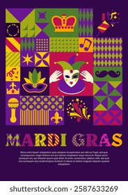 A lively and festive composition inspired by Mardi Gras, featuring traditional colors, geometric shapes, and festive elements. A vector illustration.