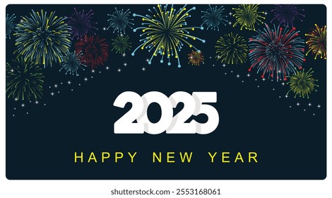 A lively fireworks display on New Year's Eve. Happy New Year Greetings to welcome new beginnings. Happy New Year 2025 concept. Flat vector illustration.