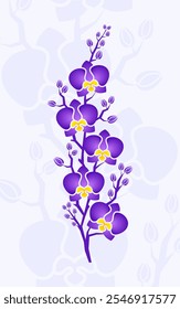 The lively floral design features purple orchids.