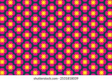 A lively floral pattern background in dark green, hot pink, and yellow features bold, contrasting colors. The vibrant mix adds depth and energy, making the flower design pop with visual appeal.