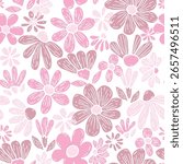 Lively floral pattern bursts with hand-drawn charm, featuring whimsical flowers in a delightful mix of pink. Each flower is illustrated with sketch-like lines, giving it a casual, artistic feel.