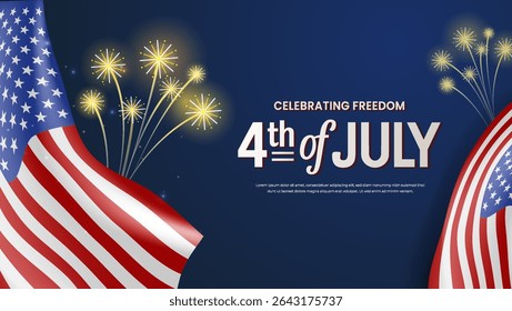 Lively Fourth of July themed design featuring fireworks and waving American flags representing patriotism, freedom, and celebration of Independence Day in the United States.