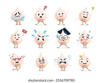 A lively garlic cartoon character showcases a range of emotions, including happiness, sadness, confusion, and excitement, in a playful display.