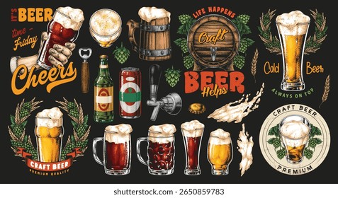 A lively gathering showcases various beer types including craft ales and lagers. The atmosphere is festive with cheers and friends enjoying their drinks together.