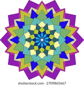 Lively geometric mandala artwork featuring colorful abstract floral decorative shapes
