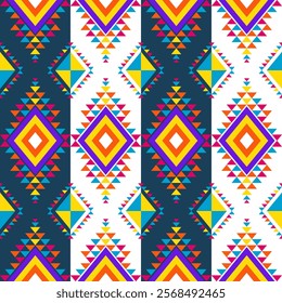 A lively geometric pattern with colorful diamond motifs and vibrant triangular accents, combining yellow, orange, pink, and blue on contrasting backgrounds. Perfect for bold, cultural-inspired designs