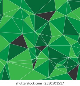  A lively geometric pattern consisting of interconnected polygons in varying shades of green, accented with occasional dark gray facets. 