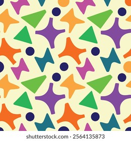 A lively geometric pattern featuring colorful shapes including stars, triangles, and circles on a light background.
