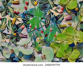 Un collage abstracto animado, con temática verde, con follaje exuberante, hojas tropicales y flores vívidas. La obra de arte exuda una atmósfera refrescante y vibrante, que combina Elementos naturales con patrones dinámicos