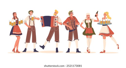 Lively Group Of Cartoon People Dressed In Traditional German Costumes Celebrating With Musical Instruments And Beverages