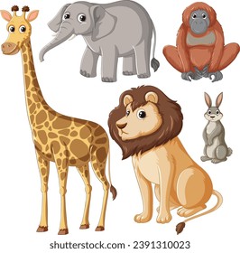 A lively group of wild animals in a cartoon illustration