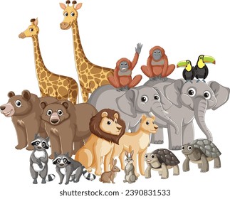 A lively group of wild animals depicted in a vibrant vector cartoon illustration