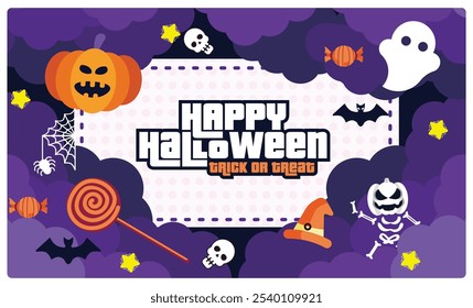 A lively Halloween party at night. Spooky pumpkins, skulls, and bats. Halloween Party concept. Flat vector illustration.